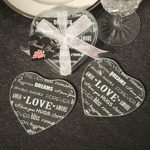 FashionCraft Heart-Shaped 'Love Sentiments' Glass Coasters (Set of 2)