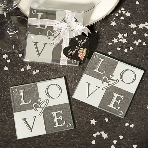 FashionCraft Stacked LOVE with Heart Design Glass Coasters (Set of 2)