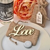 FashionCraft Shabby Chic Gold Script Love Bottle Opener in Burlap Bag