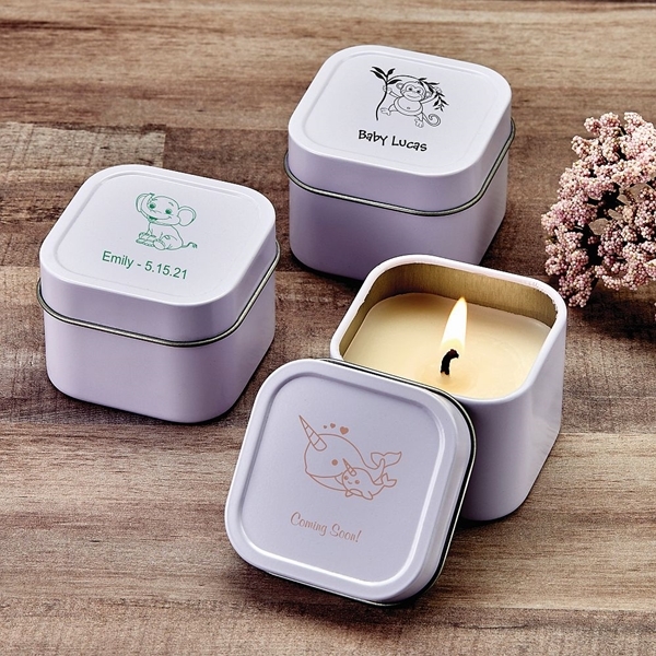 Personalized Screen-Printed Scented Travel Candle Tin (Baby Shower)