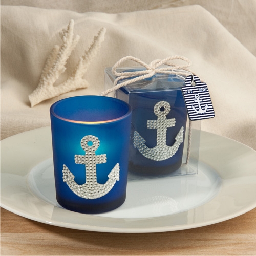 FashionCraft Bling-Loaded Anchor Design Blue Glass Votive Holder