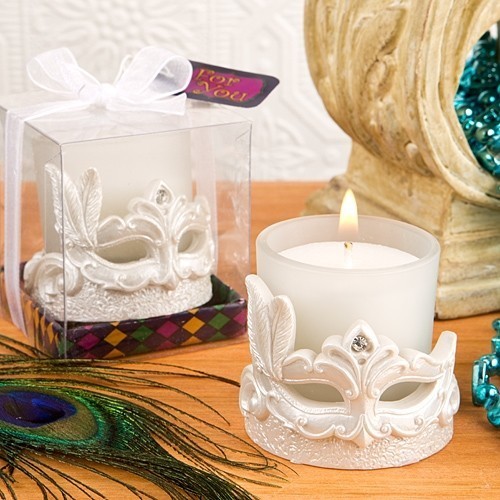 FashionCraft Frosted-Glass Votive Holder with Mardi Gras Mask Accent