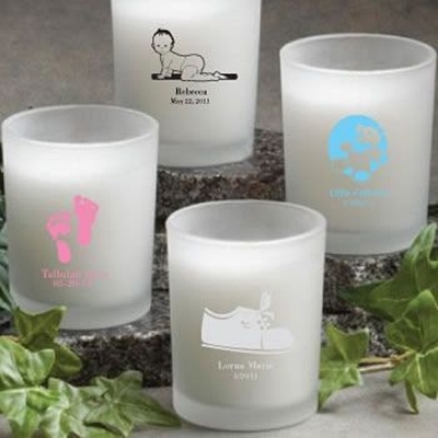 Silkscreened Personalized Frosted Glass Candle Holders (Baby Shower)