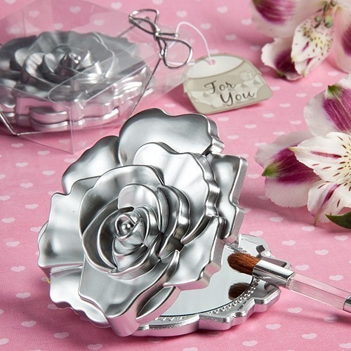 FashionCraft Realistic Rose Design Compact Mirror with Silver Finish