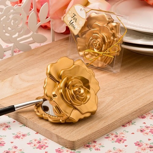 FashionCraft Ornate Rose Design Compact Mirror with Matte-Gold Finish