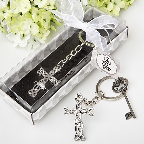 FashionCraft Delicate Shiny Silver-Finish Intertwined-Cross Keychain