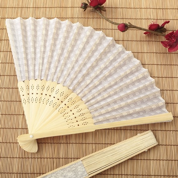 FashionCraft Silk Folding Fan with Stunning Silver Scallop Motif