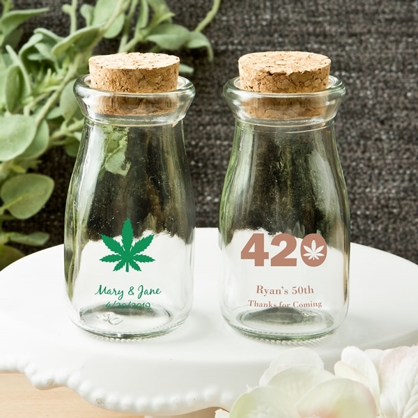 Personalized Vintage Milk Bottle w/ Round Cork Tops (Cannabis Designs)