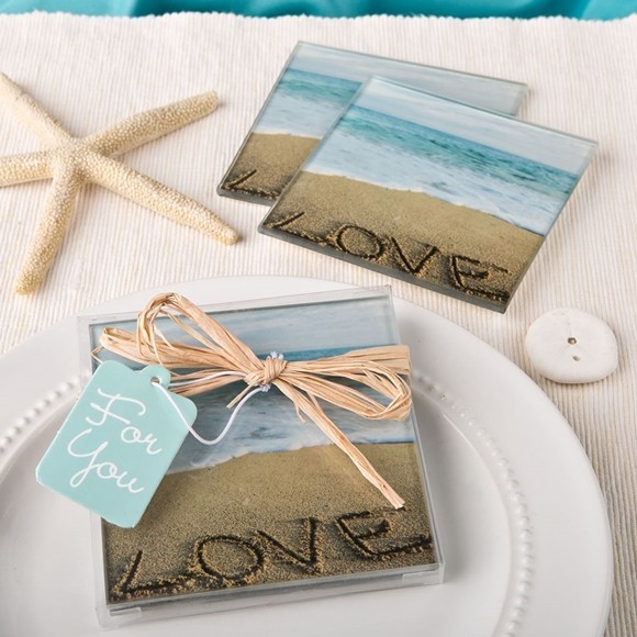 FashionCraft Beach-Themed Love, Sand & Waves Glass Coasters (Set of 2)