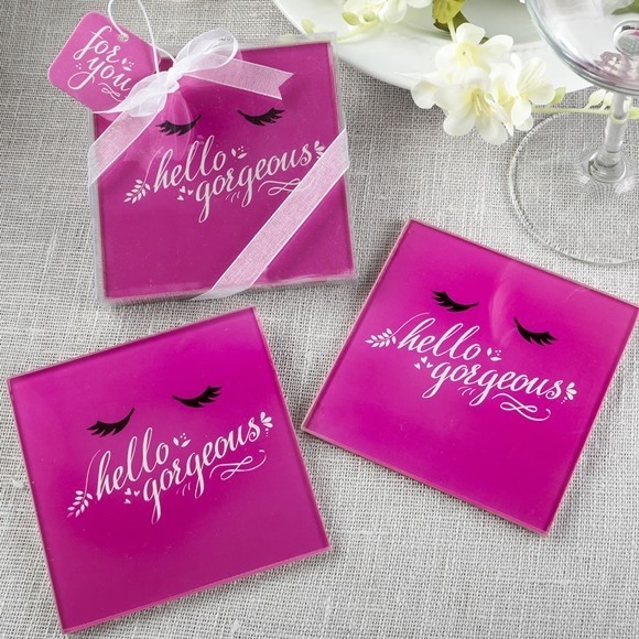 FashionCraft 'Hello Gorgeous' Hot Pink Glass Coasters (Set of 2)
