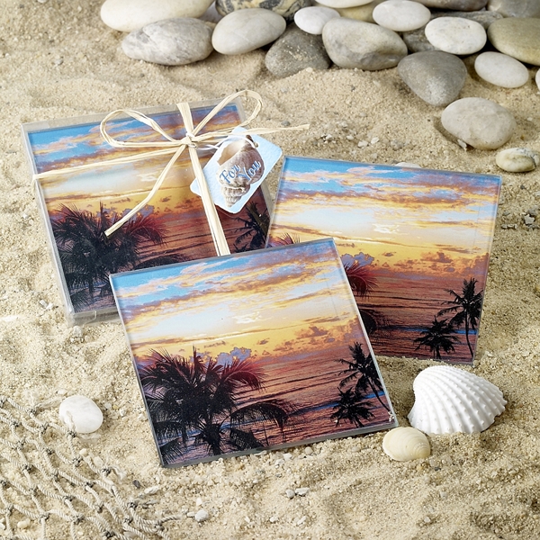 FashionCraft Sunset Beach with Palms Design Glass Coasters (Set of 2)