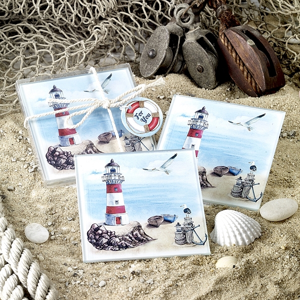 FashionCraft Nautical-Theme Lighthouse Scene Glass Coasters (Set of 2)