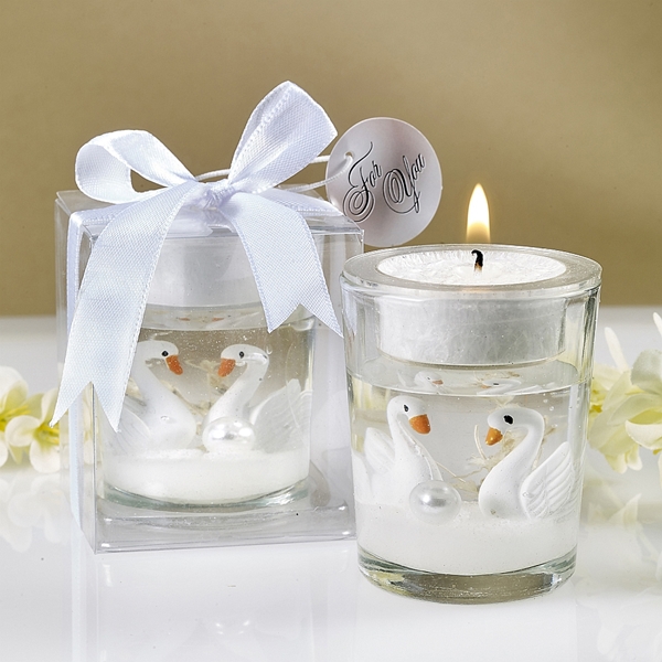 FashionCraft Elegant White Swans Suspended in Gel Candle Holder Favor