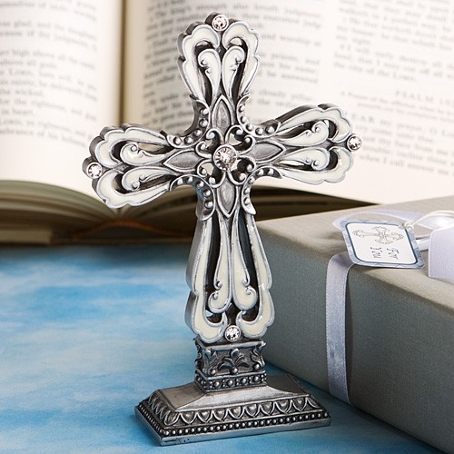 FashionCraft Pewter-Colored Cross Statue with Ivory Enamel Inlay