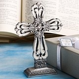 FashionCraft Pewter-Colored Cross Statue with Ivory Enamel Inlay