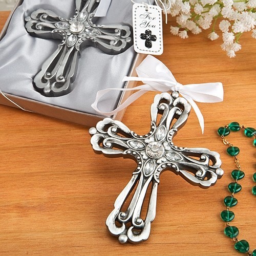 FashionCraft Cross Ornament with Antique-Silver Finish and Rhinestones