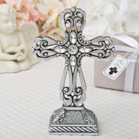 FashionCraft Pewter Cross Statue with Antique Accents and Rhinestones