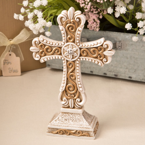 Beautiful Antiqued-Ivory-Colored Cross Statue w/ Matte Gold Detailing