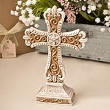 Beautiful Antiqued-Ivory-Colored Cross Statue w/ Matte Gold Detailing