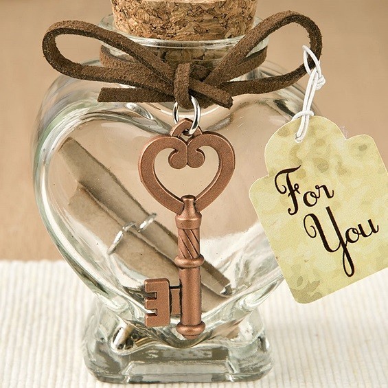 Glass Heart-Shaped Message Jar with Copper-Colored-Metal Key Accent