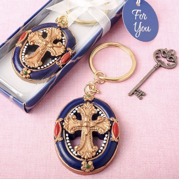 FashionCraft Gold Cross Themed Keychain with Rich Royal Blue Border