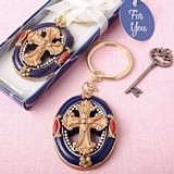 FashionCraft Gold Cross Themed Keychain with Rich Royal Blue Border