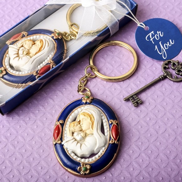 FashionCraft Madonna and Child Keychain  with Rich Royal Blue Border