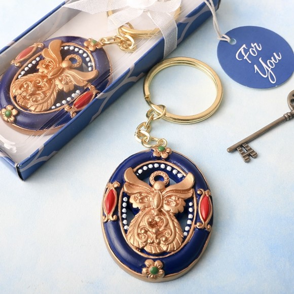 FashionCraft Gold Guardian Angel Theme Keychain with Royal Blue Border