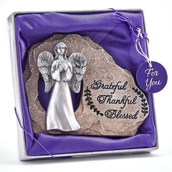 Angel Figurine on the 'Grateful-Thankful-Blessed' Rock by FashionCraft