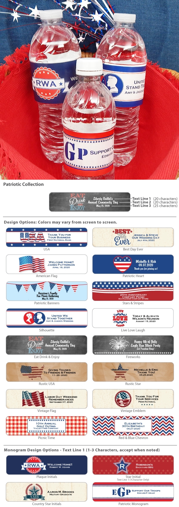 Personalized Patriotic Designs Water Bottle Labels (Set of 5)