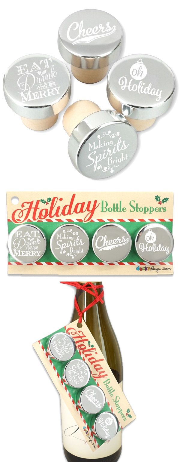 Festive Holiday Sayings Silver Aluminum Top Bottle Stoppers (Set of 4)
