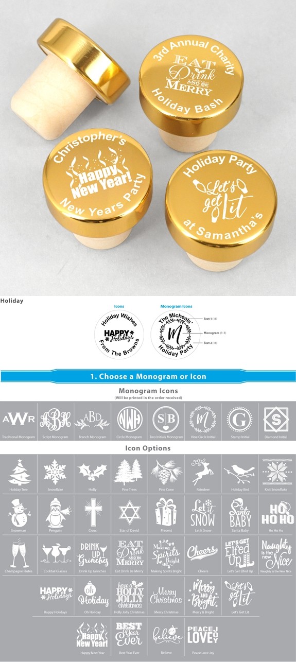 Holiday Personalized Gold Aluminum Top Bottle Stopper (42 Designs)