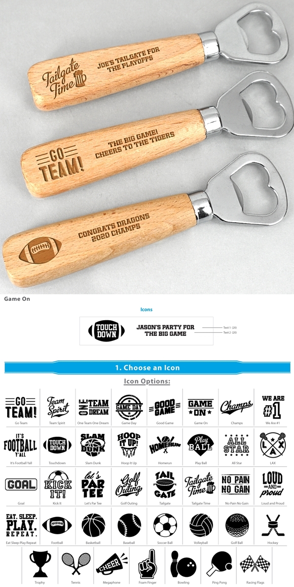 Sports-Themed Personalized Wood-Handled Bottle Opener (39 Designs)