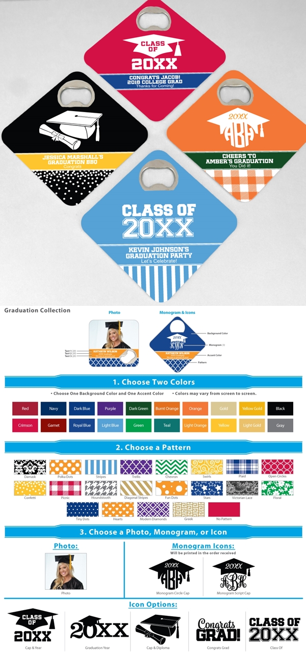 Personalized Square Bottle Opener Coasters (Graduation Designs)