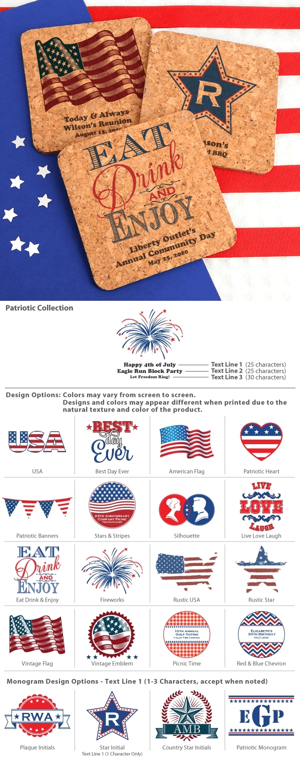 Personalized Patriotic Square Cork Coasters (20 Designs)