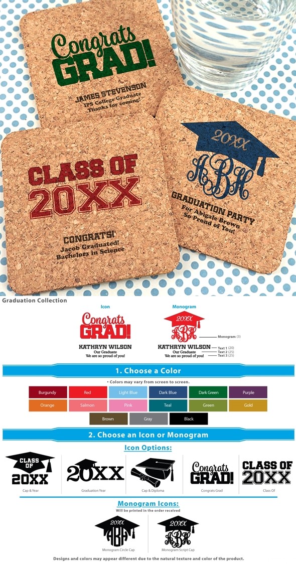Personalized Graduation Square Cork Coasters (7 Designs; 15 Colors)