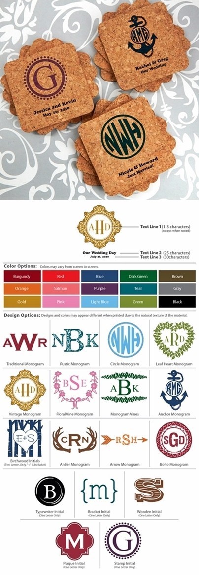 Monogrammed Rounded-Edge Square Cork Coasters (17 Designs)