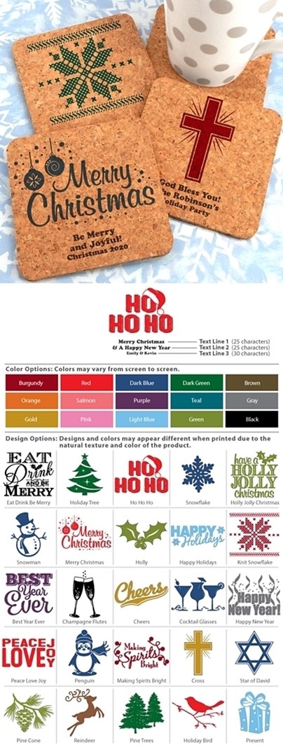 Personalized Holiday Square Cork Coasters (25 Designs)