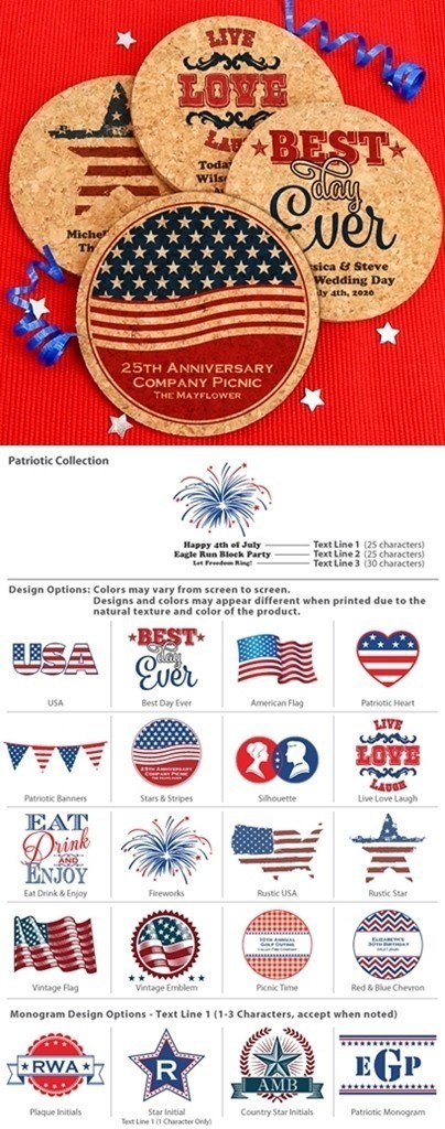 Personalized Patriotic Round Cork Coasters (20 Designs)