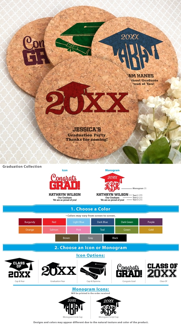 Personalized Graduation Round Cork Coasters (7 Designs; 15 Colors)
