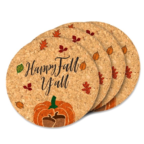 "Happy Fall Y'all" Round Cork Coasters (Set of 4)
