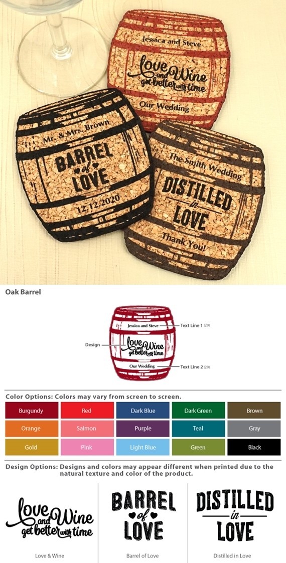 Personalized Oak Barrel Shaped Theme Cork Coasters (15 Colors)