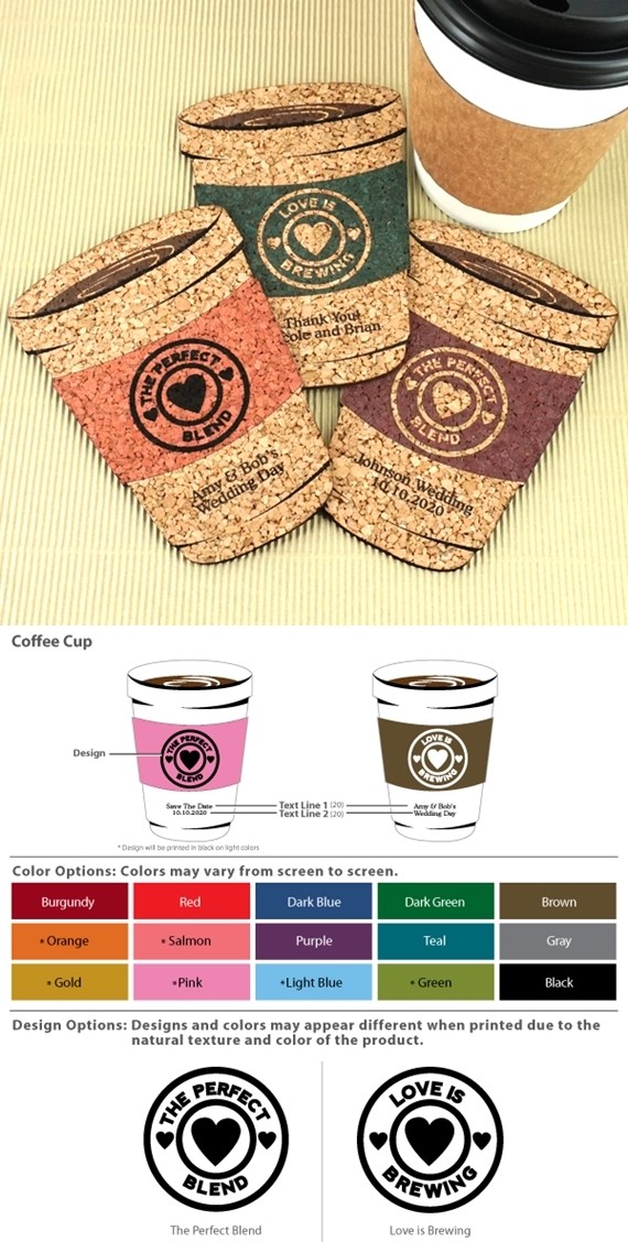 Personalized Coffee Cup Shaped Theme Cork Coasters (15 Colors)