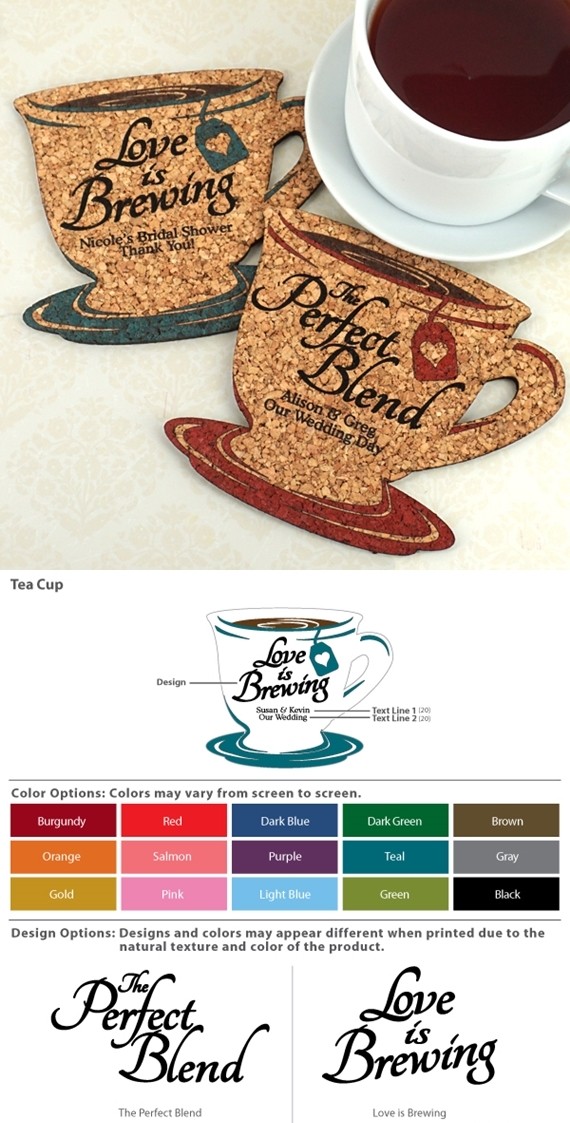 Personalized Tea Cup-Shaped Theme Cork Coasters (15 Colors)