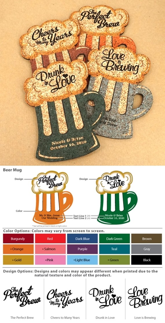 Personalized Beer Mug-Shaped Theme Cork Coasters (15 Colors)