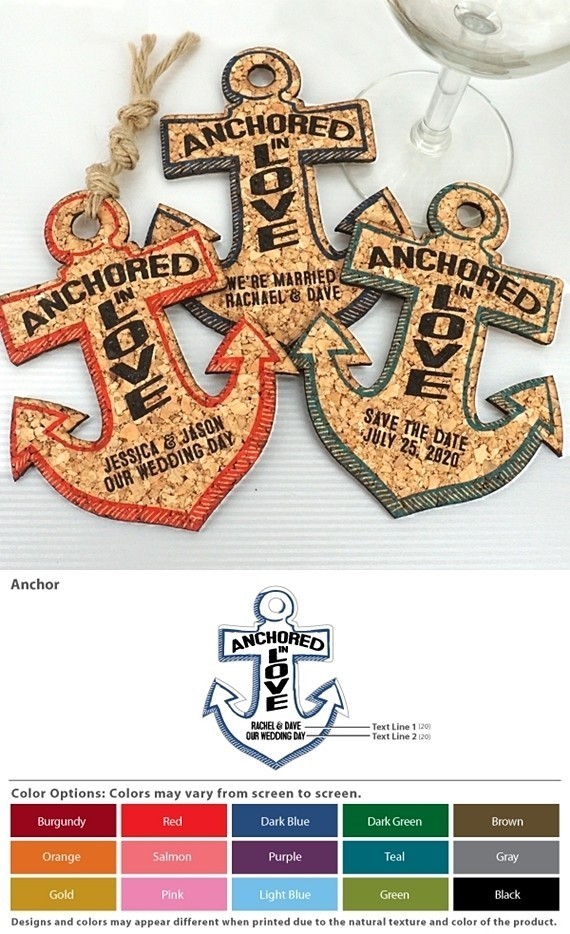 Personalized Nautical Anchor-Shaped Theme Cork Coasters (15 Colors)