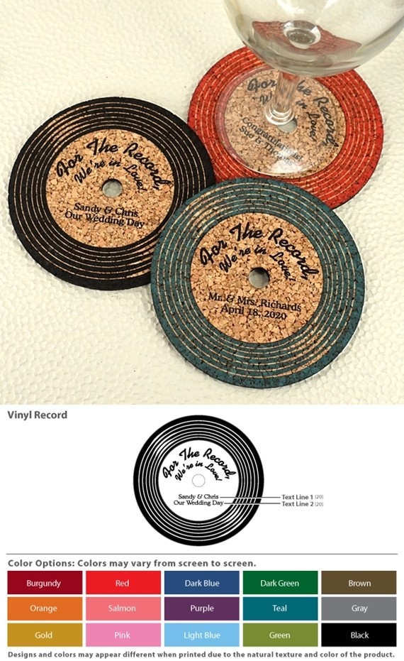 Personalized Vinyl Record-Shaped Theme Cork Coasters (15 Colors)