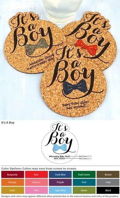 Personalized 'It's a Boy!' Baby Shower Cork Coasters (15 Colors)