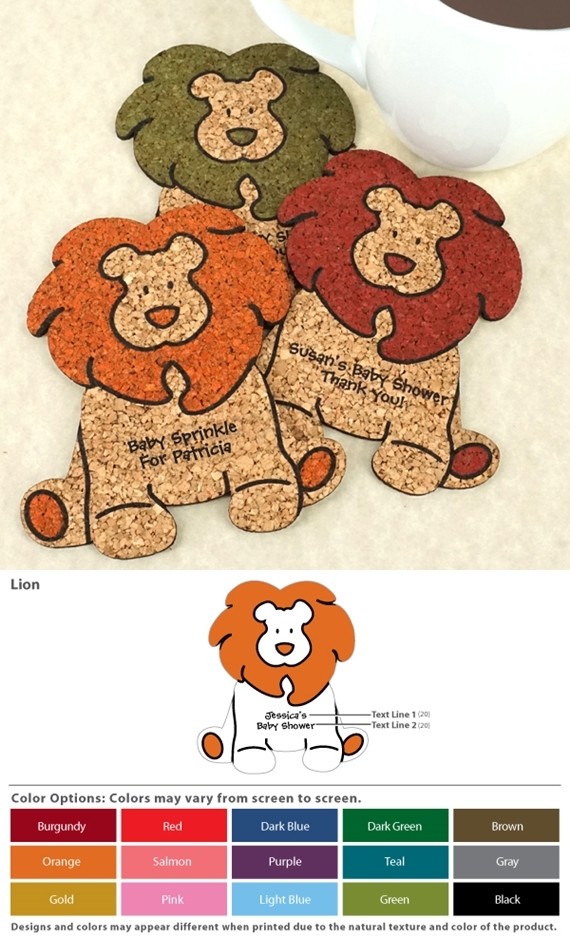 Personalized Baby-Lion-Shaped Baby Shower Cork Coasters (15 Colors)