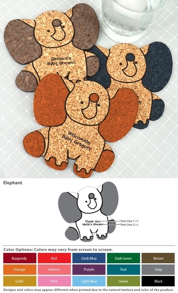 Personalized Baby-Elephant-Shaped Baby Shower Cork Coaster (15 Colors)